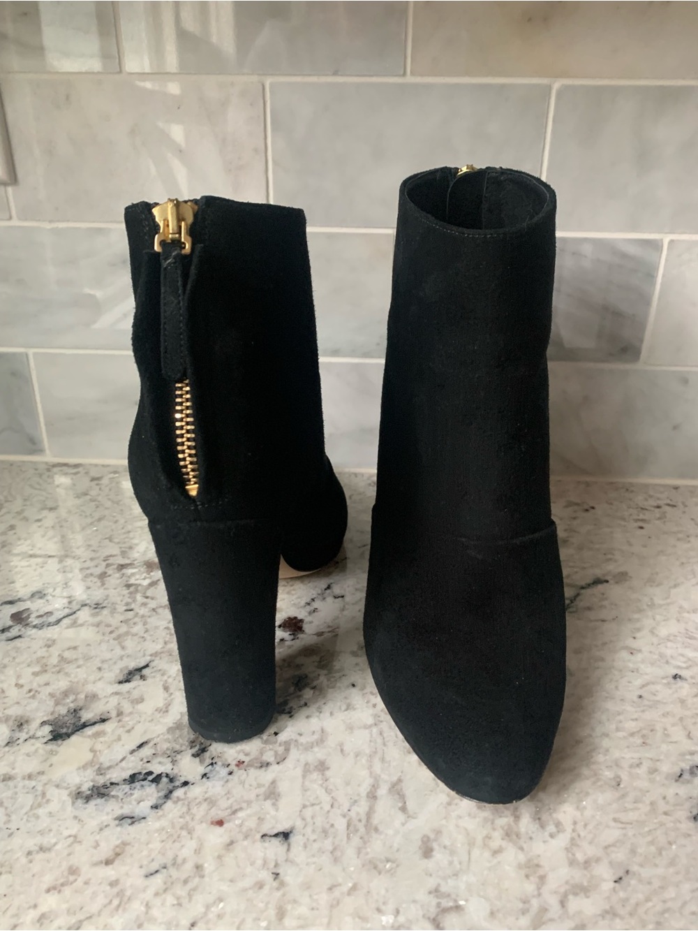 J. Crew Black Suede Block Heel Ankle Boots with Gold Zip Accent